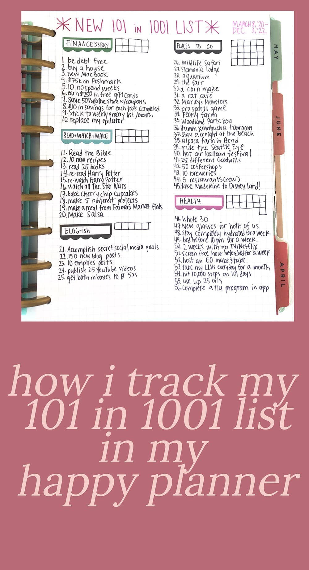 how i track my 101 in 1001 list in my happy planner